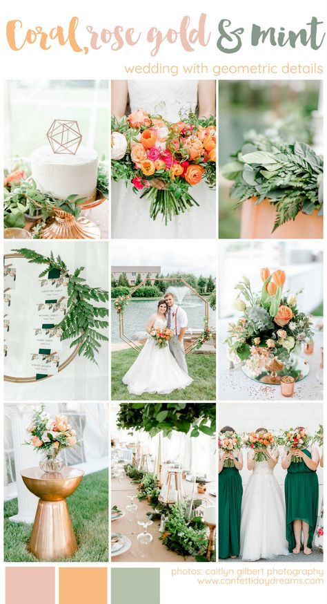 Coral Mint peach and Rose Gold wedding theme with greenery and geometric details for a summer outdoor garden wedding with floral bridesmaid gowns and romantic octagon wedding arch.   https://confettidaydreams.com/coral-mint-rose-gold-wedding-theme/  #wedding #coralwedding #pinkwedding #gardenwedding #summerwedding #outdoorwedding #colorscheme #weddingcolorscheme #colorpalette #weddingcolorpalette #weddingtheme Peach And Coral Wedding Theme, May Outdoor Wedding Colors, Rose Gold Summer Wedding, Peach And Mint Wedding Theme, Summer Colour Wedding Theme, Coral Green Wedding, Rose Gold And Mint Wedding, Tall Glass Cylinder Vase Ideas, Sage And Coral Wedding