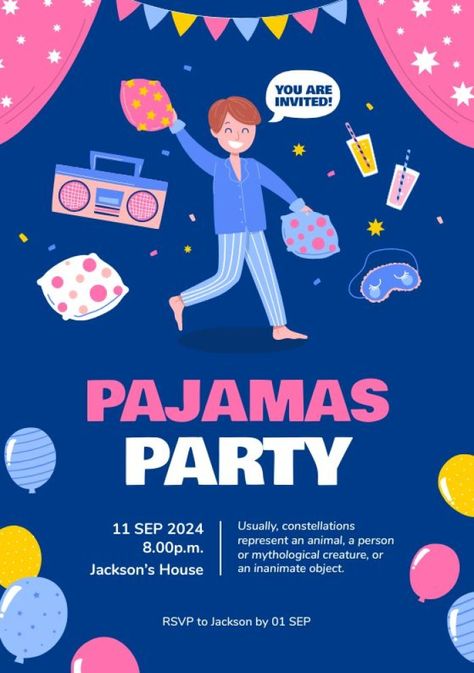 Hand-drawn Cute Pajamas Party Invitation Pajama Party Invitations, Pajamas Party, Pyjama Party, Party Invite Design, Brand Kit, Cute Pajamas, Mythological Creatures, Pajama Party, Party Invite Template