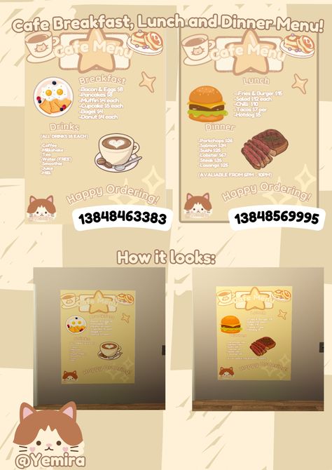 Bloxburg Decals Codes Aesthetic, Man Cafe, Bloxburg Decals Codes, Bloxburg Decals, Bloxburg Decal Codes, Cafe Menu, Bacon Egg, Dinner Menu, Pork Chops