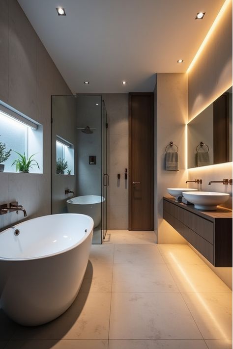 Modern bathroom with energy-efficient LED lighting fixtures Mood Lighting Bathroom, Bathroom Mood Lighting, Can Lights In Bathroom, Led Lights Bathroom, Bathroom Lighting Inspiration, Shower Light, Lighting Tips, Bathroom Light, Mood Light