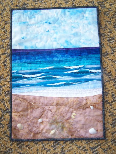 inspired by Myrtle Beach Beach Textile Art, Wave Landscape Patchwork, Seascape Textile Art, Slow Stitch Beach Scene, Beach Landscape Art, Seascape Quilts, Slow Stitching Beach, Ocean Quilt, Nautical Quilt