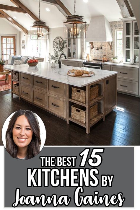 15 Best Kitchens By Joanna Gaines - Nikki's Plate Modern Country Kitchen Cabinets, Magnolia Kitchen Island, Modern Farmhouse Kitchens Countertops, Farmhouse Kitchen Beams, Gristmill Joanna Gaines, Joanna Gaines Farmhouse Kitchen Table, Joanna Gaines White Kitchen, Farmhouse Cabinet Hardware Joanna Gaines, Joanna Gaines Cooking Show Kitchen