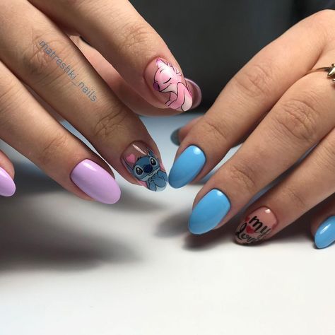 Stitch And Angel Nails, Stitch Nail Designs, Disney Gel Nails, Chloe Nails, Angel Nails, Disney Acrylic Nails, Brown Acrylic Nails, Retro Nails, Pointed Nails