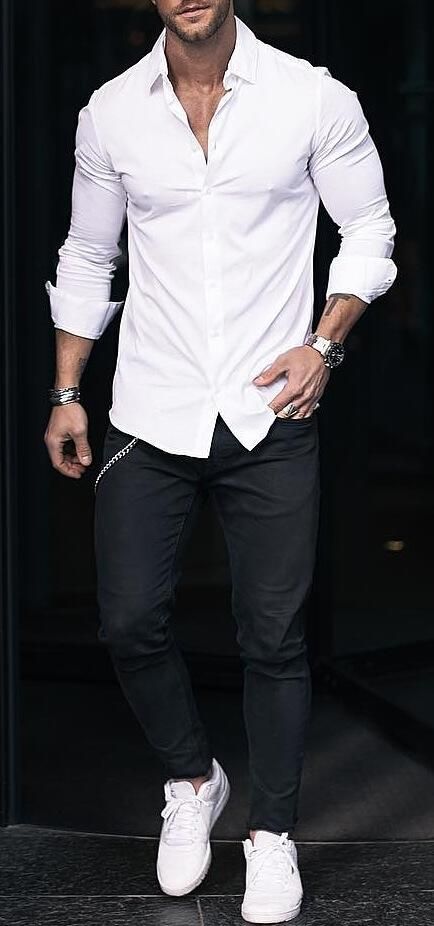 Men Style White Shirt, White Shirt Outfit Men Casual, White Shirts Outfits Mens, White Shirt And Jeans Outfit Men, Black And White Outfit Men Casual, White Shirt Outfits Men, White And Black Outfit Men, Men White Shirt Outfit, White Shirt Men Outfit