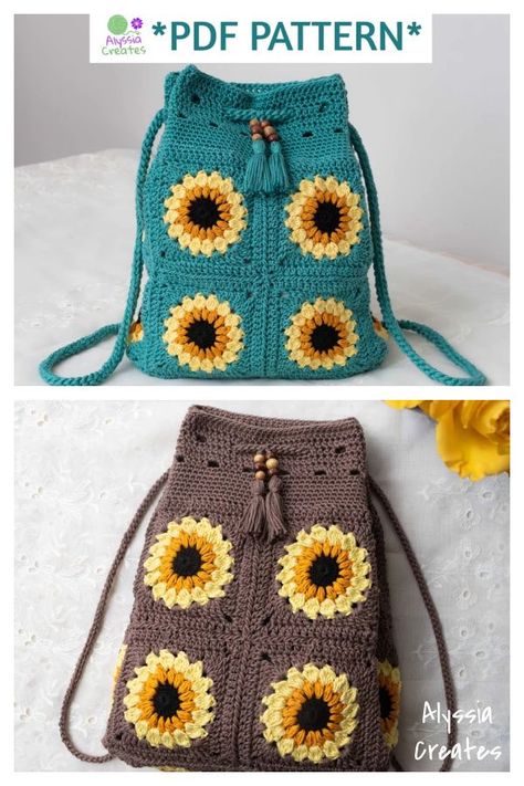 Sunflower Backpack Crochet, Drawstring Granny Square Bag, Free Backpack Crochet Patterns, Crochet Drawstring Backpack Pattern Free, Bag Crochet Pattern Free Tutorials, Crochet Granny Square Backpack Free Pattern, Crochet Sunflower Bag Free Pattern, Granny Square Backpack Free Pattern, Backpack Crochet Pattern Free