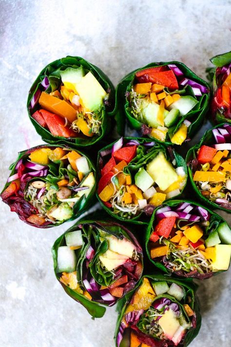 18 Easy Plant-Based Snacks To Try – Nutrition in the Kitch Collard Green Wraps, Veggie Rolls, Rainbow Roll, Plant Based Snacks, Eat The Rainbow, Idee Pasto Sano, Vegan Snacks, Raw Vegan, Healthy Meals