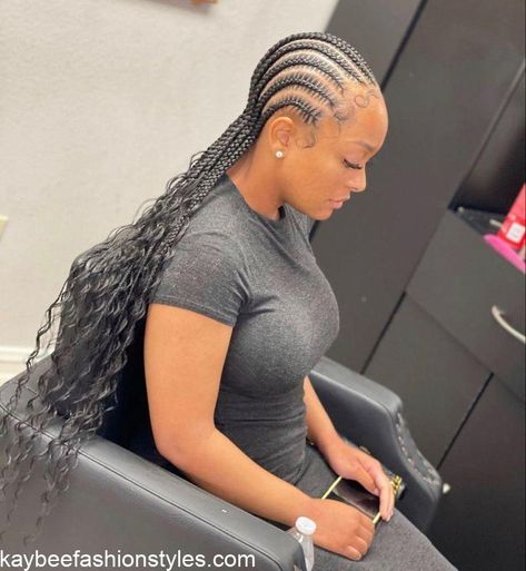 30 Best All Back Hairstyles With Attachment for Ladies - Kaybee Fashion Styles Stitch Braids With Hair Out, Straight Back Feed In Braids With Curls At End, Straight Back With Curls Braids, Feed Ins Cornrows, Straight Back Feed In Braids With Design And Curls, Stitch Braids With Curls In The Back, Stitches Braids For Black Women, Stitch Braided Hairstyles, Stitch Braids With Curls At The End