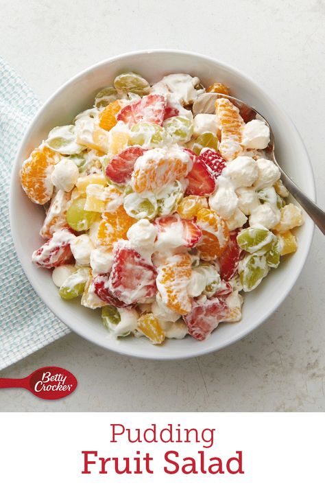 Betty’s own unique take on the classic ambrosia fruit salad cleverly combines refrigerated vanilla pudding, miniature marshmallows and frozen whipped topping with fresh and canned fruit. It’s a desserty salad sensation. Fruit Salad With Vanilla Pudding, Pudding Fruit Salad, Fruit Salad With Pudding, Ambrosia Fruit Salad, Canned Pears, Betty Crocker Recipes, Canned Fruit, Fruit Salads, Fruit Salad Recipes