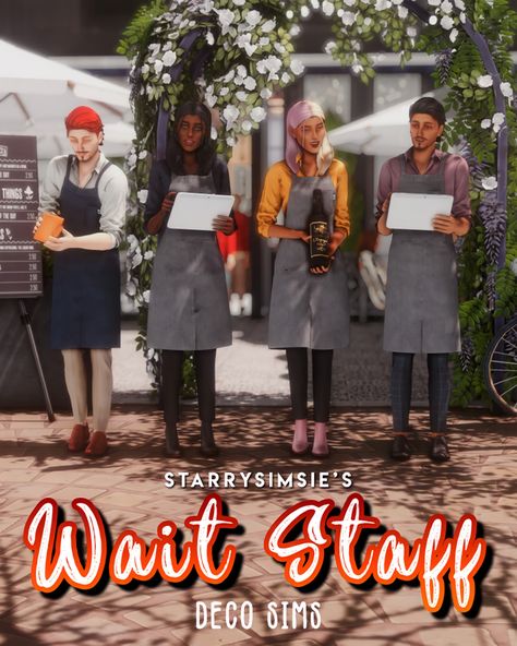 ✨Wait Staff - Deco Sims✨ | StarrySimsie on Patreon Deco Sims, Sims 4 Restaurant, Sims Love, The Sims 4 Packs, Sims 4 Game Mods, Sims 4 Body Mods, Play Sims, Sims Building, Photography Club