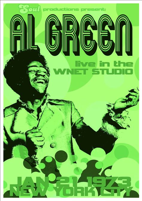 1973 Green Concert Poster. Al Green, American singer, songwriter and record producer, best known for recording a series of soul hit singles in the early 1970s, including "Take Me to the River", "Tired of Being Alone", "I'm Still in Love with You", "Love and Happiness", and his signature song, "Let's Stay Together". Inducted to the Rock and Roll Hall of Fame in 1995, Green was referred to on the museum's site as being "one of the most gifted purveyors of soul music". He has also been referred to Al Green Singer, Concert Poster Art, Poster Art Prints, Vintage Concert Posters, Artist Wall, Concert Poster, Music Posters, Rhythm And Blues, Rock Concert