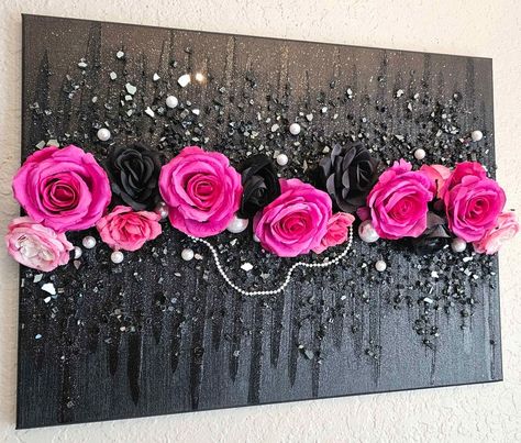 Pink Roses, Pink Wall Art, Pink Glam, Glitter Wall Art, Abstract Art, Floral Abstract, 3D Art, Pretty Wall Decor, Flowers, Rose Art, Glam Art, Fashion Art This is a beautiful glamourous painting made with galleria acrylics, beautiful vibrant faux roses, beautiful large faux pearls and reflective black glass with a glam glitter finish. This is so pretty unique and comes signed and ready to hang.  ** This ships for FREE!! ** This ships with FULL Insurance!! ** This comes in multiple sizes in the drop-down menu **Make sure to measure the desired space you are looking to decorate to make sure you order the correct sized painting!! ★FAST AND READY TO HANG - Order, unwrap and hang. It's that easy. ★TRUE COLORS AND GALLERY QUALITY - USA made with the best sustainable materials. RETURNS & EXCHANGE Diy Glitter Wall Art, Rose Glass Painting, Pink And Black Apartment Decor, Black And Pink Bedroom Decor, Black And Pink Living Room, Pink And Black Painting, Creative Canvas Ideas, Black And Pink Room Ideas, Glam Artwork