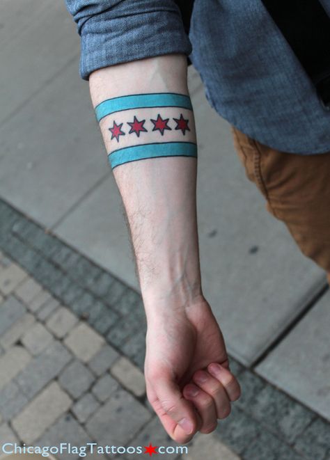 Chicago Flag Tattoos Flag Tattoo Forearm, Chicago Tattoo Ideas, Chicago Flag Tattoo, Rad Tattoos, Flag Tattoos, Cubs Tattoo, Survivor Tattoo, Chicago Tattoo, Tattoo Concepts