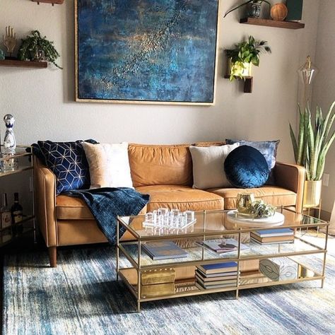 Brown Leather Couch Living Room Decor Navy Blue, Navy Blue And Cognac Living Room, Brown And Navy Living Room, Navy And Brown Living Room, Tan And Blue Living Room, Tan Couch Living Room Ideas, Blue And Tan Living Room, Blue And Brown Living Room, Brown Leather Couch Living Room