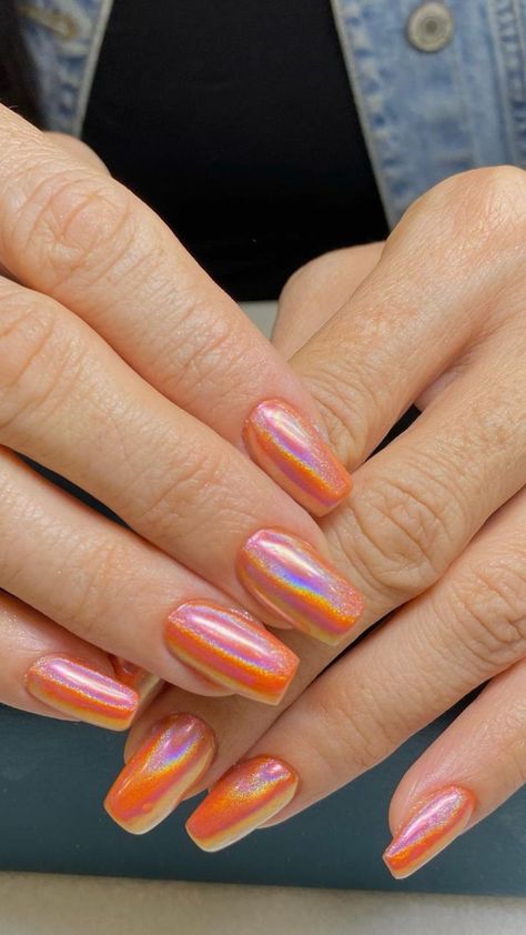 A hand with long nails painted in peachy nude at the base with vibrant orange tips, separated by a thin line of sparkling glitter. Orange Nail Ideas, Bold Nail Art, Sunshine Nails, Nail Ideas For Summer, Bright Orange Nails, Orange Nail Designs, Orange Nail, Orange Crush, Orange Nails