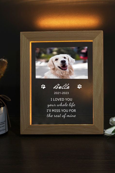 It can be difficult to get through the darkest moments of losing a family member. This Personalized Pet Memorial Night Light is the perfect sympathy gift to remember a lost pet, it is made from a combination of clear acrylic sheet and wooden photo frame, you can customize the acrylic sheet with your exclusive pet photo and name. It will illuminate and soothe the hearts of those who have lost their pets, encouraging and guiding them through difficult times. Losing A Family Member, Dog Memory, Pet Memorial Plaque, Clear Acrylic Sheet, Pet Sympathy Gifts, Personalized Pet Memorial, Pet Sympathy, Wooden Photo Frames, Memorial Plaque