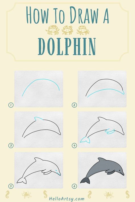 Step by step images demonstrating a How to Draw a Dolphin - A Drawing Lesson for Children! Dolphin Drawing Step By Step, How To Draw A Dolphin Easy, Dolphin Painting Acrylic Easy, How To Draw A Dolphin Step By Step, Ocean Animal Drawings Easy, Dolphin Art For Kids, How To Draw A Dolphin, How To Draw Ocean Animals, Dolphin Drawing Simple