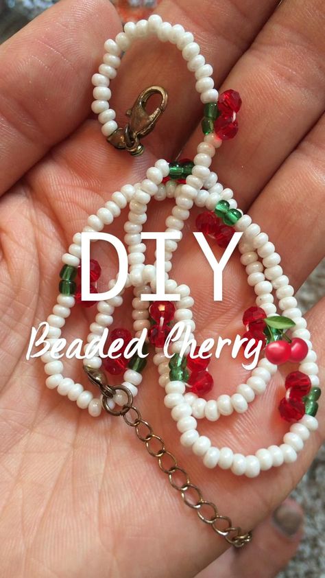 Cherry Seed Bead Necklace Tutorial, How To Make Cherry Bead Necklace, Cherry Beaded Necklace Tutorial, Seed Bead Choker Pattern, Cherry Seed Bead Bracelet, How To Make Cherry Bracelet, How To Make A Cherry With Beads, Cherry Bracelet Tutorial, Seed Bead Charms Diy