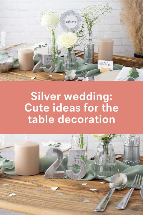 The perfect silver wedding decoration adds that extra touch to your big anniversary and rounds off the overall experience. If you're looking for ideas for your party decorations, you'll find inspiration here for stylish silver wedding anniversary decorations as well as ideas for the room design and a fantastic DIY idea for a silver wedding wreath. 25 Anniversary Ideas Table Decorations, Diy 25th Anniversary Decorations, 25th Wedding Anniversary Party Ideas Decorations, Silver Anniversary Ideas Decorations, Ideas For 25th Wedding Anniversary, Anniversary Decorations Ideas, Ideas For The Room, 25th Anniversary Party Decorations, Silver Wedding Anniversary Decorations