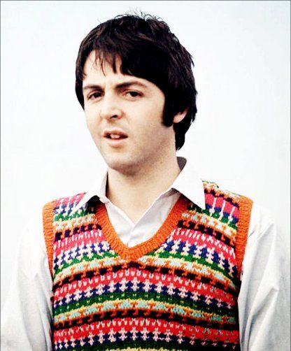 Paul in his Magical Mystery Tour sweater     My Fair Isle waistcoat   It's true what they say – if you keep something long enough it wil... Monkey Jacket, The Fab Four, Retro Men, Fair Isle Knitting, Fair Isle Sweater, Paul Mccartney, Lady And Gentlemen, John Lennon, Vintage Knitting