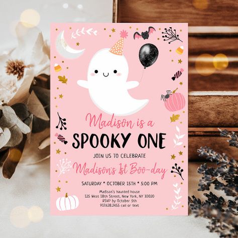 $3.15 | Pink Ghost Spooky One First Birthday | Halloween Birthday Invitations | halloween birthday invitations, halloween party invitations, girl halloween party, ghost halloween invitation, ghost birthday invitation, halloween bash, spooktacular party, pink ghost birthday invitation, spooky one birthday invitation, ghost first birthday invitation Spooky One First Birthday, Invitations Halloween Party, Halloween 1st Birthdays, Halloween Illustrations, Spooky One, Rainbow Birthday Cake, Halloween Birthday Invitations, Pink Ghost, First Birthday Party Decorations