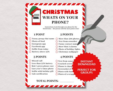 Looking for a fun way to entertain guests at your Christmas party? Our printable Whats On Your Phone Christmas Game is perfect for kids & adults! Whats On Your Phone Christmas Game for Adults Kids Family, Christmas Phone Scavenger Hunt, Fun Whats in Your Phone Game, Christmas Phone Game 🎄What are you getting? . Whats On Your Phone Christmas Game . 2 Sizes ✨ How does it work? Simply download, print, and start playing. This game requires zero prep, making it stress-free for the host. Plus, it wor Phone Scavenger Hunt, Whats On Your Phone Game, Funny Group Chat Names, Funny Contact Names, Games Team Building, Whats On Your Phone, Christmas Games For Adults, Scavenger Hunt Games, Reunion Games