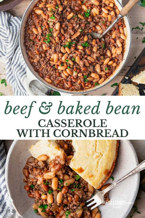 Sweet, savory, quick, and easy, this ground beef and baked bean casserole with cornbread is sure to become a staple in your family's weeknight dinner routine! Pair the hearty, cozy meal with a simple green salad, Southern-style green beans, or roasted yellow squash for a family-friendly supper that's ready in less than 30 minutes. Hamburger Green Bean Casserole, Casserole With Cornbread, Baked Beans With Hamburger, Roasted Yellow Squash, Baked Bean Casserole, Freezer Prep, Southern Style Cornbread, With Cornbread, The Seasoned Mom