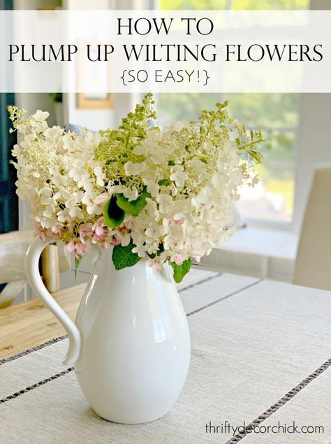 How to Easily Revive Wilted Hydrangeas | Thrifty Decor Chick | Thrifty DIY, Decor and Organizing Wilting Flowers, Wilted Flowers, Plant Arrangement, Beautiful Outdoor Living Spaces, Summer Diy Projects, Thrifty Diy, Thrifty Decor Chick, Vase Display, White Hydrangeas