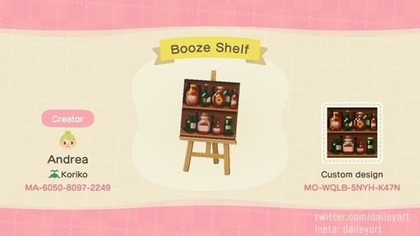 Animal Crossing: My custom booze Shelf code, make yourself an awesome bar! Animal Crossing Bar Design, Acnh Shelf Design Code, Animal Crossing Shelf Design, Animal Crossing Shelf Code, Acnh Bar Design Code, Acnh Shelf Code, Animal Crossing Bar Ideas, Nh Aesthetic, Custom Design Animal Crossing