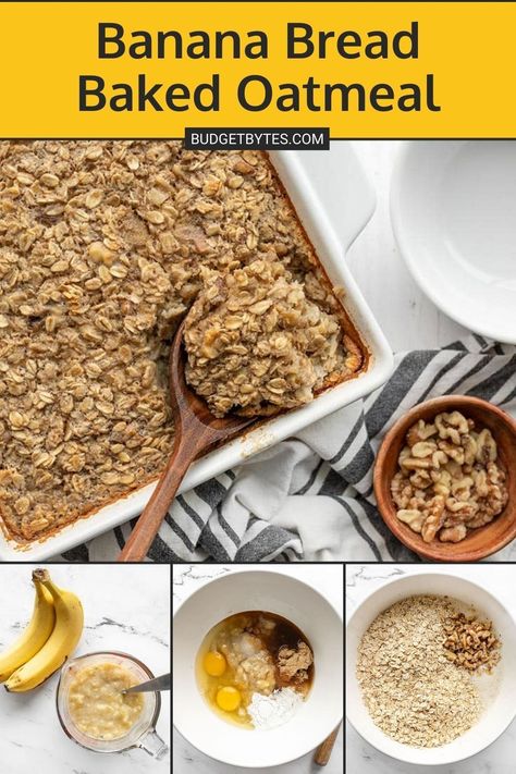 The rich and sweet flavor of banana bread infused into a healthy baked oatmeal. This Banana Bread Baked Oatmeal is perfect for breakfast meal prep! Pop over to our site for the recipe! | breakfast and brunch | meal prep recipes | healthy recipes | Healthy Banana Oatmeal Bake Breakfast, Banana Meal Prep, Banana Oatmeal Recipes Breakfast, Banana Nut Baked Oatmeal, Baked Oatmeal Recipes Healthy Banana, Baked Banana Bread Oatmeal, Baked Oats With Banana, Banana Oatmeal Bake Breakfast, Baked Oatmeal Banana