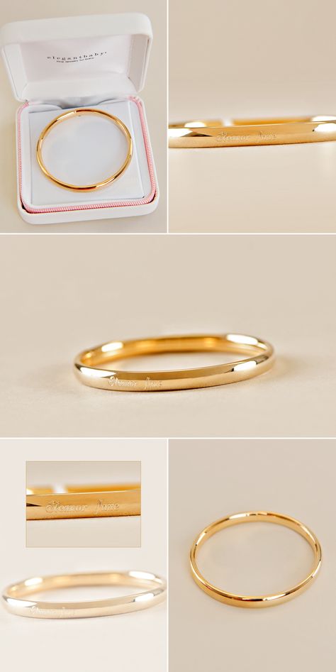 A delicately personalized bracelet makes for the sweetest gift. https://www.onesmallchild.com/gold-filled-bangle-bracelet.html Delicate Bangle Designs, Got Bangles In Gold, Simple Kada Designs Gold, Men's Kaapu Gold, Plain Gold Bangles Simple, Bangal Designs In Gold, Baby Boy Bangles Gold, Simple Gold Kada Design For Women, Baby Kada Gold