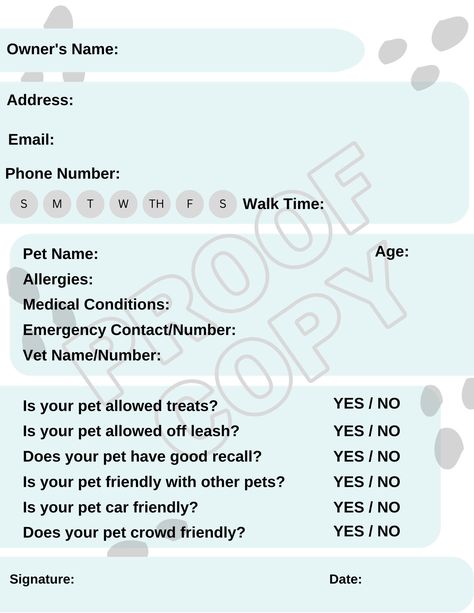 "Cute dog walking client information form for your dog walking business. You will receive an instant download of a high resolution 8.5\" X 11\" PDF File. Please NOTE: - This is a digital file ONLY. You will not be shipped any physical product. - Once your payment has been processed, you will receive an e-mail with a link to download your digital file. - Download, Save, and Print as many copies as you want for your needs! - **You have purchased this for personal use only and must not be modified, Dog Walking Business Ideas, How To Start A Dog Walking Business, Dog Sitting Flyers, Dog Walker Flyer, Dog Walking Flyer, Walking Ideas, Kennel Business, Dog Sitting Business, Dog Boarding Ideas