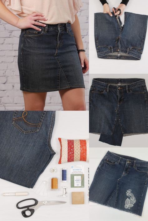 How To Make A Jean Skirt Out Of Jeans Diy, How To Turn Denim Jeans Into A Skirt, Denim Shorts Into Skirt Diy, Turn Jeans To Skirt, How To Turn A Pair Of Jeans Into A Skirt, Jean Skirt Out Of Old Jeans, Free Denim Skirt Pattern, Diy Denim Skirt From Jeans How To Make, Skirt From Jeans Tutorial