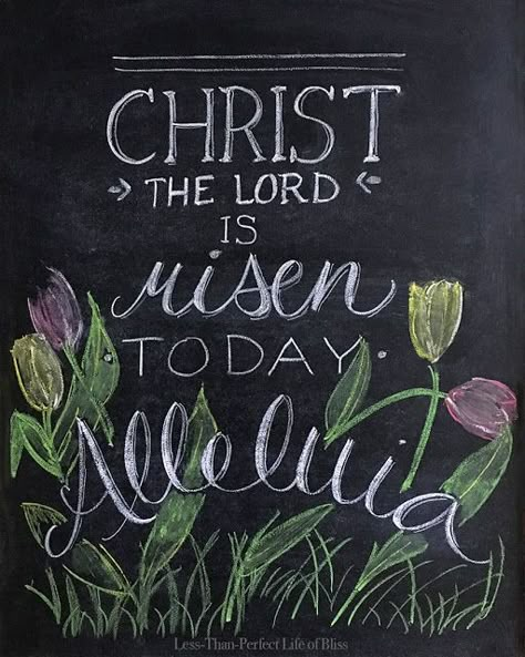 Christ Is Risen Free Easter Chalkboard Printable! | Less Than Perfect Life of Bliss | home, diy, travel, parties, family, faith Easter Chalkboard Art, Summer Chalkboard Art, Easter Verses, Summer Chalkboard, Spring Chalkboard, Easter Chalkboard, Chalkboard Wall Art, Resurrection Day, Chalkboard Printables