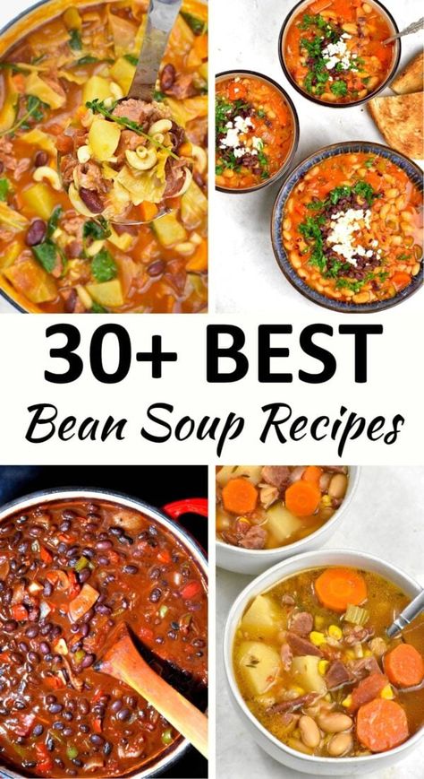 Collage of four bean soup recipes. Broad Bean Soup Recipe, Best Bean Soup Recipes Ever, 16 Bean Soup Mix Recipes, Best 15 Bean Soup Recipe, Seven Bean Soup Recipes, Three Bean Soup Recipes, Mediterranean Bean Soup, Bean Soups And Stews, 3 Bean Soup Recipes