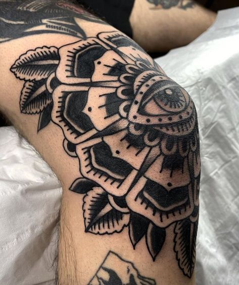 American Trad Eye Tattoo, Black And Grey Knee Tattoos, Knee Tattoo Blackwork, Traditional Style Knee Tattoo, Eye On Knee Tattoo, American Trad Knee Tattoo, Traditional Elbow Ditch Tattoo, American Traditional Knee Cap Tattoo, Dark Elbow Tattoo