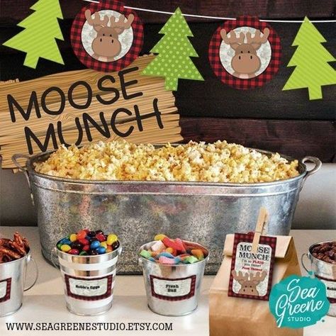 Lumberjack snack table Moose Baby Shower, Moose Birthday, Moose Munch, Plaid Baby Shower, Lumberjack Birthday Party, Lumberjack Baby Shower, Lumberjack Baby, Lumberjack Birthday, Lumberjack Party