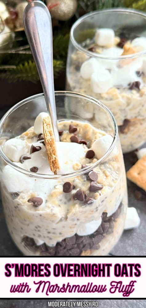 These s'mores overnight oats are the most delicious, cozy, comforting breakfast! The base of these oats is packed with live, actives cultures from the yogurt plus this recipe is high in protein and fiber. Now, the toppings add a lot of flavor - marshmallow fluff, chocolate chips, graham crackers and even mini marshmallows if the fluff isn't enough for you. This is for all the marshmallow lovers out there! A healthy yet absolutely tasty start to the day. Healthy S’mores Overnight Oats, Ryse Protein Marshmallow Recipes, Marshmallow Protein Powder Recipes, Comforting Breakfast, Exciting Recipes, Flavored Marshmallows, Marshmallow Fluff, Gut Microbiome, Mini Marshmallows