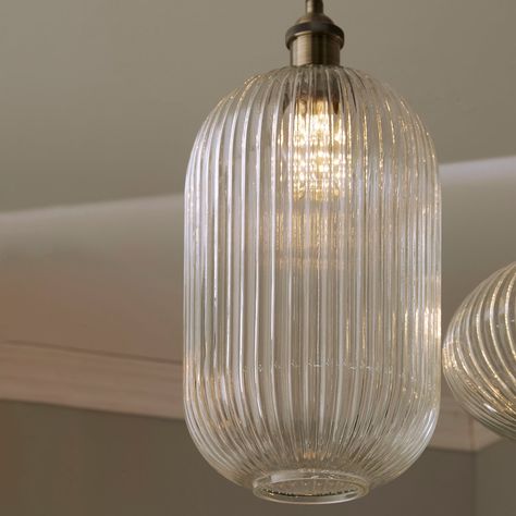 Abigail Clear Ribbed Glass Tall Pendant Antique Brass Metal, Statement Lighting, Tall Ceilings, Ribbed Glass, Glass Pendant Light, Brass Metal, Light Fittings, Glass Lighting, Glass Decor