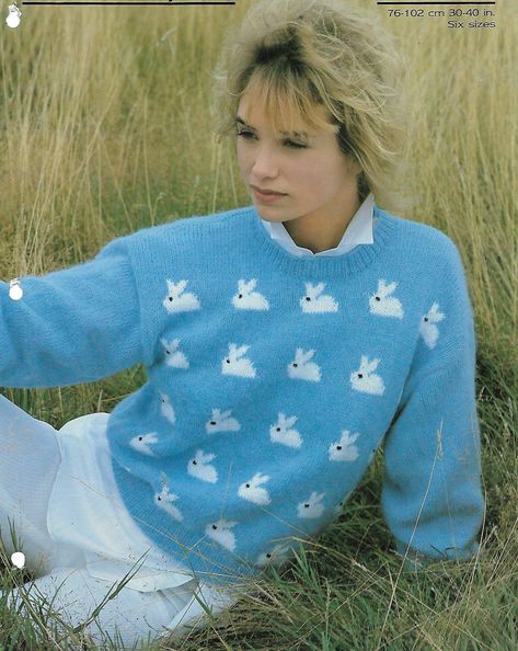 "L8610 womens bunny sweater knitting pattern pdf ladies bunny motif jumper rabbit 30-40\" DK light worsted 8ply pdf instant download PLEASE NOTE: ALL PATTERNS ARE VINTAGE & IN ENGLISH ONLY Please refer to the pictures above for information from pattern on sizes, materials used, needle size etc. Click on the white arrow half way up the picture on the right side. Where a discontinued yarn is used, I check the needle size for a modern equivalent and include in the description. This is meant as a guide only. Please check your tension. The pattern is in UK terms. I have included an additional PDF - Knitting Conversion Chart - giving needle sizes & yarn weight UK, US, Aus/NZ & Metric. Patterns pre 70's are not in metric. Please Note: This is not the original pattern or a finished item, it is a s Bunny Sweater, Sweater Knitting Pattern, Baby Blanket Knitting Pattern, Fire Fits, Pdf Knitting Pattern, Sweater Knitting Patterns, Emu, Sweater Pattern, Knitting Inspiration