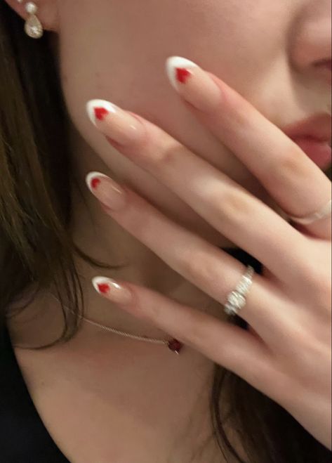 valentines day inspo, french tip almond acrylics with red hearts <3 French Tip With Hearts, French Tip Heart Nails, French Tip With Heart, French Tip Heart, French Tip Almond, Almond Nails Red, Shellac Nail Art, Vday Nails, French Pedicure