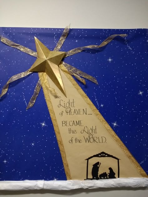 School Christmas Display Ideas, Christian Christmas Door Ideas, Christmas Chart Ideas For School, Advent Bulletin Boards For Church, Classroom Nativity Display, Advent Bulletin Boards, Christmas Church Bulletin Boards, Manger Scene Door Decoration, Nativity Display Board