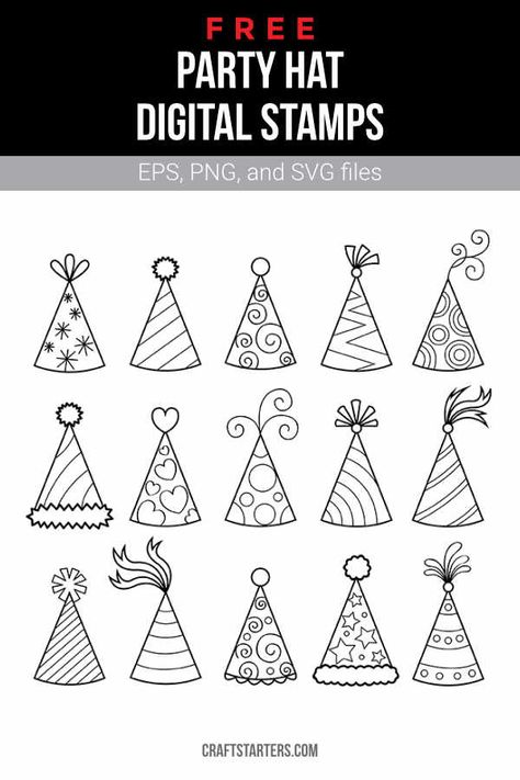 Party Hat Tattoo, Birthday Hat Drawing, Party Hat Cookies, Party Hat Drawing, Party Hat Clipart, Party Hat Craft, New Year Doodle, Black And White Clip Art, Banner Doodle