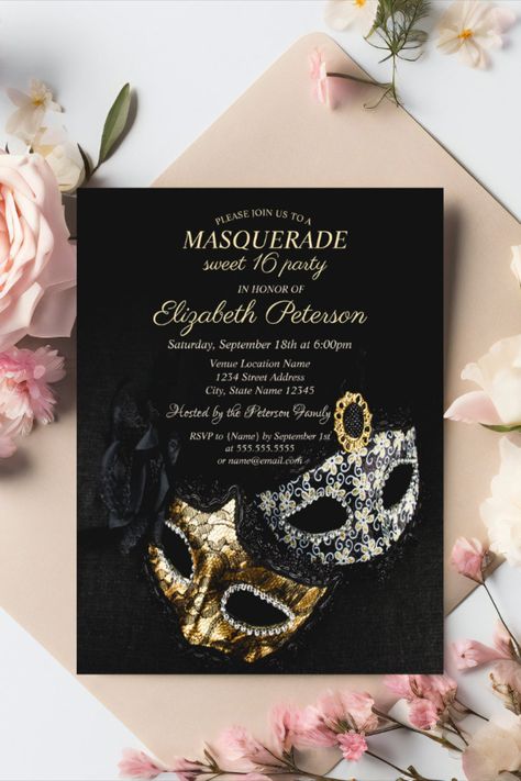 Elegant Black Masquerade, Masque Sweet 16 Invitation Postcard Elegant masque on black background #sweetsixteen #sixteenbirthday #elegant #birthday #happybirthday #birthdaycards #birthdayparty Mascarade Sweet 16, Masquerade Sweet 16 Ideas, Masquerade Party Ideas, Masquerade Sweet 16, Masquerade Birthday Party, Mascarade Party, Masquerade Invitations, Masquerade Party Invitations, Black Masquerade