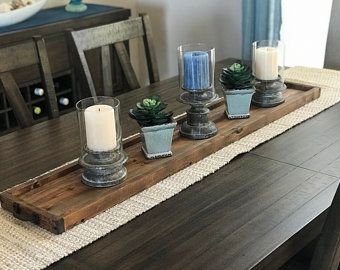 Dining Table Decor Centerpiece, Wooden Box Centerpiece, Farmhouse Table Centerpieces, Wooden Centerpieces, Wood Trays, Farmhouse Tray, Wood Centerpieces, Kitchen Island Decor, Painted Trays