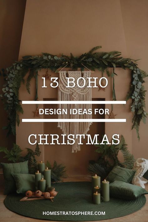 A warm boho-inspired setting with a macrame wall hanging, garland, green candles, and natural accents, reflecting boho Christmas decor ideas. Red And Green Boho Christmas Decor, Christmas Minimal Decor, Dark Boho Christmas, Boho Christmas Tree Bohemian, Boho Christmas Mantle, Desert Christmas Decor, Boho Christmas Aesthetic, Boho Christmas Tree Ideas, Boho Winter Decor