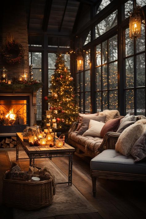 Cozy Home Christmas, Cozy Apartment Christmas, Chalet Christmas, 2023 Aesthetic Wallpaper, Christmas Chalet, Christmas Cosy, Christmas Interior Decor Living Rooms, Christmas Ambiance, Christmas Living Room Aesthetic