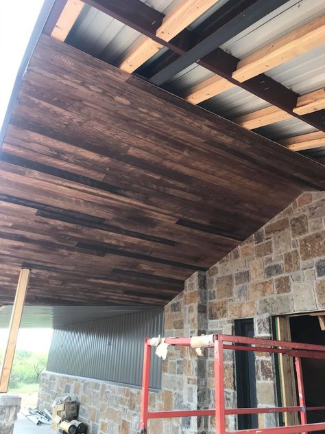 How to add wood ceiling to porch metal frame Wood Under Porch Ceiling, Porch Ceiling Ideas Cheap, Wood Porch Ceiling, Porch Ceiling Ideas, Strawberry House, Montana Cabin, Covered Back Porches, Metal Building House Plans, Porch Wood