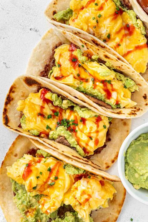 Sausage and Egg Smash Tacos - Eight Forest Lane Smash Tacos, Avocado Smash, Bacon And Egg Roll, Soft Scrambled Eggs, Morning Smoothie Recipes, Egg Avocado, Beef Sausage, Smashed Avocado, Breakfast Drink