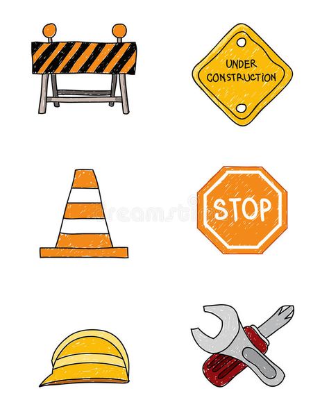 Construction Doodle Signs vector illustration Construction Drawings Art, How To Draw Construction Vehicles Easy, Construction Tools Drawing, Construction Doodles, Construction Site Drawing, Bager Torta, September List, Construction Stickers, Construction Symbols