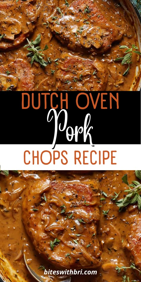 Dutch Oven Pork Chops Recipe is incredible with this delicious gravy. This heavy cream and flour help thicken the sauce making it super rich and creamy that coats the meat, mushrooms, and onions. This type of pan helps develop a nice crust on the pork. The garlic, shallot, herbs, and vinegar infuse the sauce with so much flavor. This dish is loaded with mushrooms and onions. The chops are seared and the veggies/sauce are all cooked in one pan. This makes for a quick cleanup. Dutch Oven Pork Chops, Dutch Oven Pork, Easy Dutch Oven Recipes, Dutch Oven Recipes Cast Iron, Braised Pork Chops, Oven Pork Chops, Mushroom Pork Chops, Mushrooms And Onions, Dutch Oven Cooking